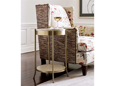 American Drew Lenox Round Wood Alabaster End Table with Fixed Shelf