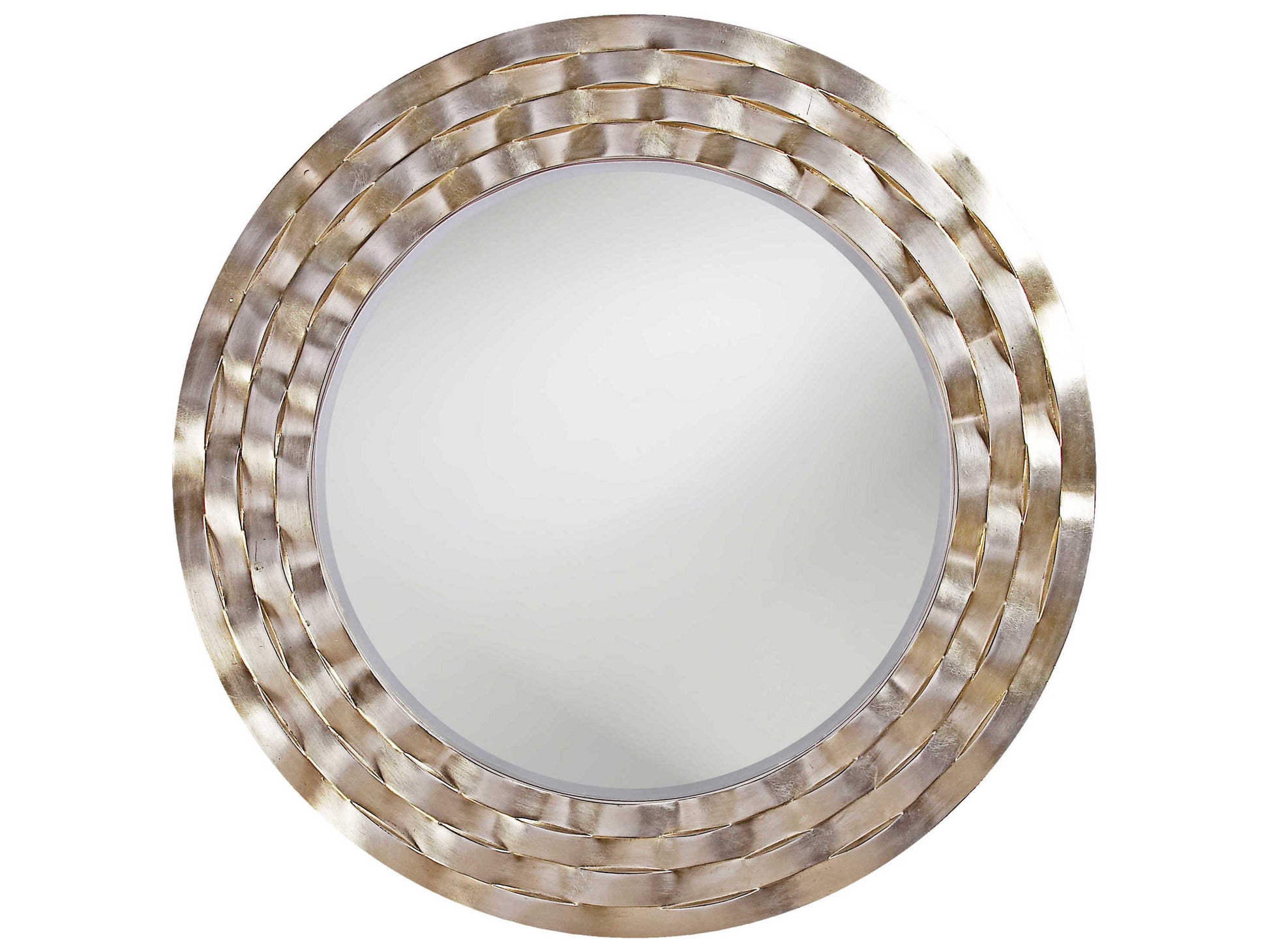 Luxurious Howard Elliott Cartier Silver Leaf Round Wall Mirror, Beveled Glass