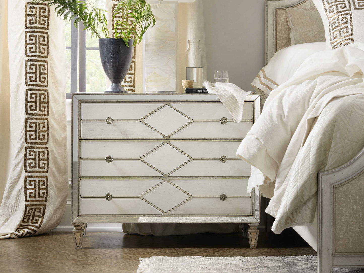 Hooker Sanctuary 2 Mirrored Nightstand: Glamorous 3-Drawer Storage with USB Power