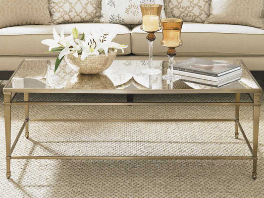 Lexington Kensington Place Rectangular Coffee Table: Antique Brass, Mirrored Glass Top